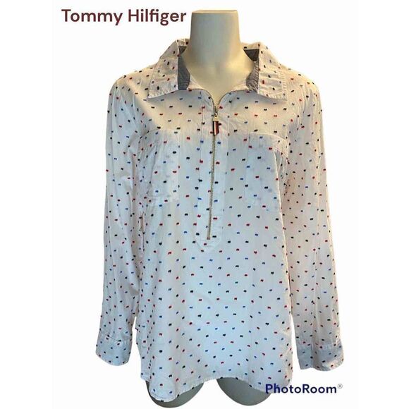 Tommy Hilfiger SZ L Woman’s White Polka Dot Print Half Zip Top/Blouse - Picture 1 of 11
